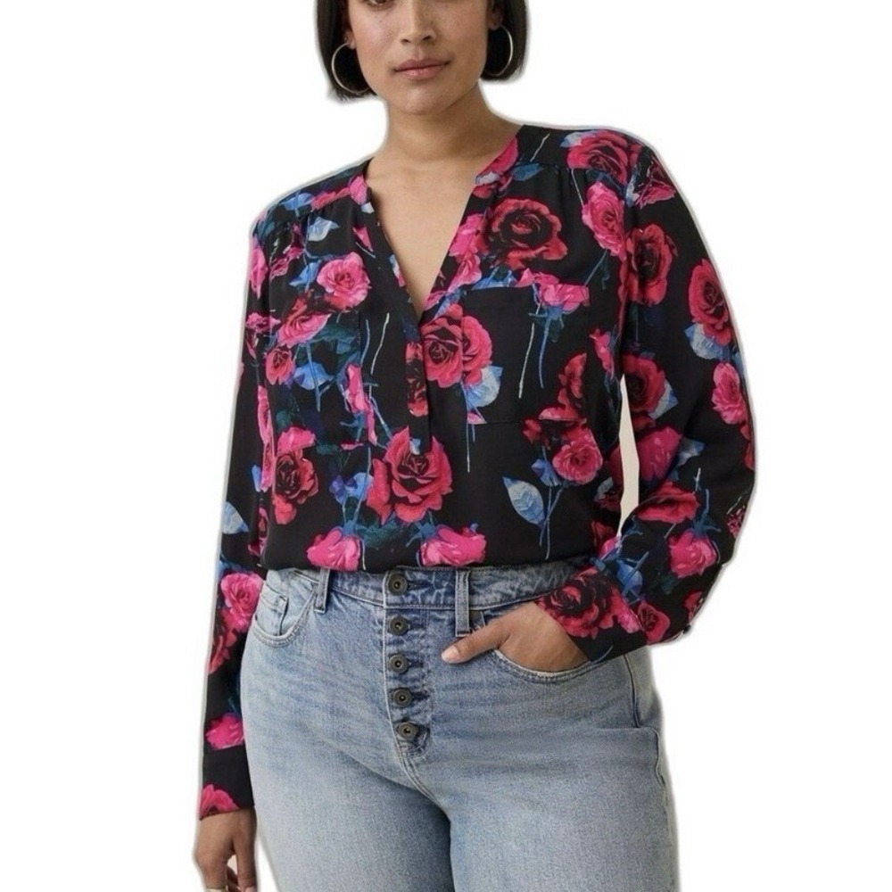 Torrid Harper Black Pink Floral Georgette Pullover Long Sleeve Blouse Size 3X